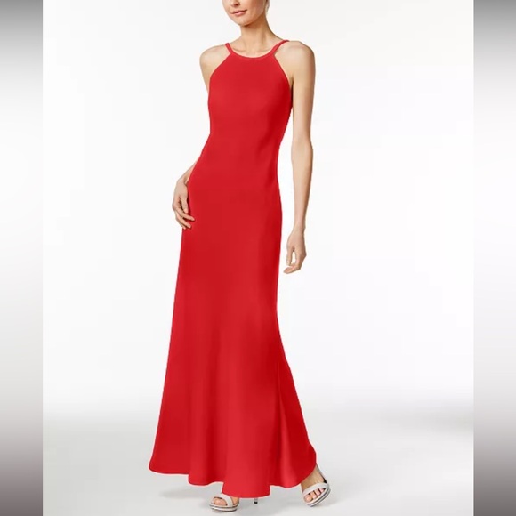 Calvin Klein Red Open-Back Halter Gown - Picture 1 of 8